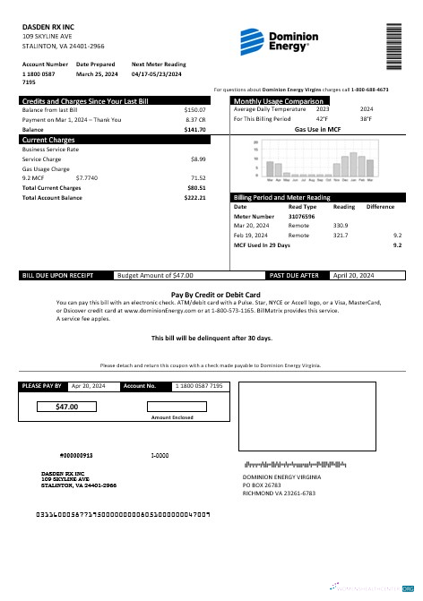 Download USA Dominion Energy business utility bill template in Word and PDF formats Photoshop template